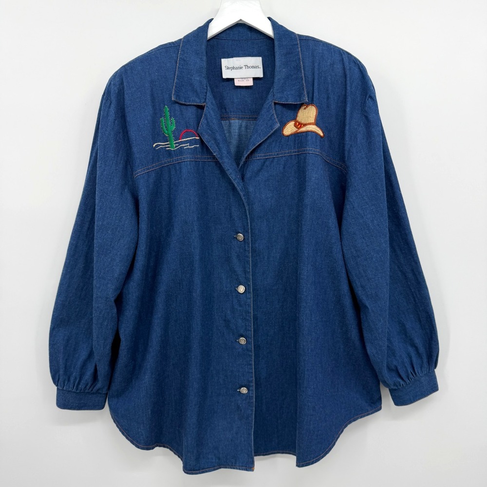 Vintage Western Denim Top Shirt Womens 22 Shoulder Pads Cowgirl Rodeo 2X 3X USA